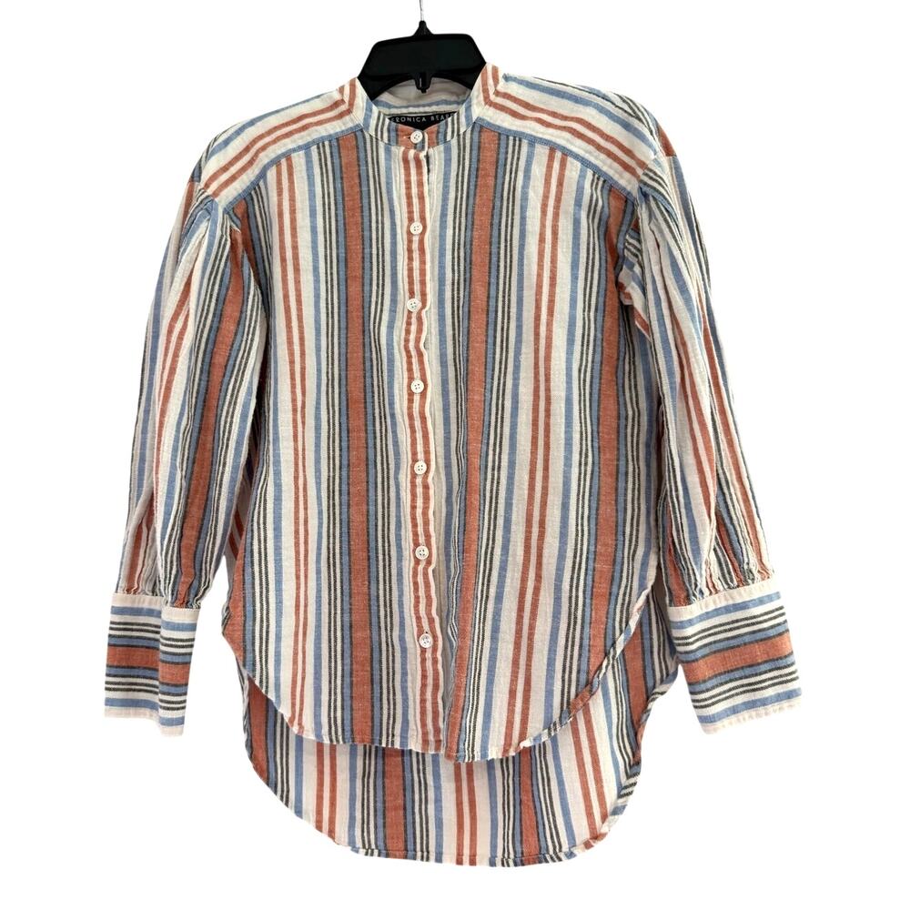 Veronica Beard Jeans Striped Cotton Blouse Blue Salmon XS - Picture 2 of 7